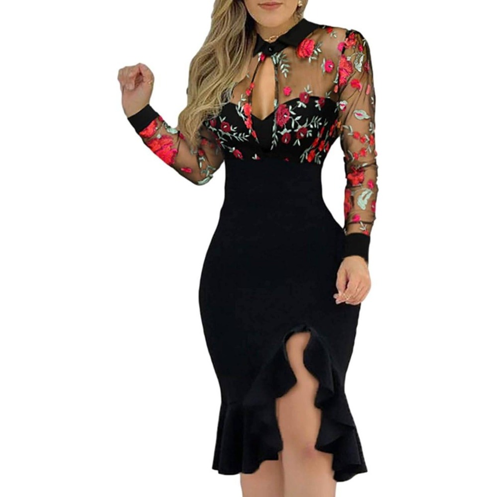 ChicMe Dress Womens Medium Black Floral Mesh Sleeve Embroidered Ruffle Hem Mini